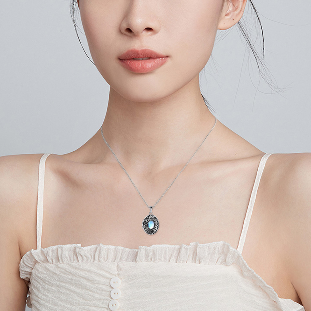 Collier médaillon photo personnalisé en pierre de lune ovale en argent sterling avec mot gravé pour unisexe-2