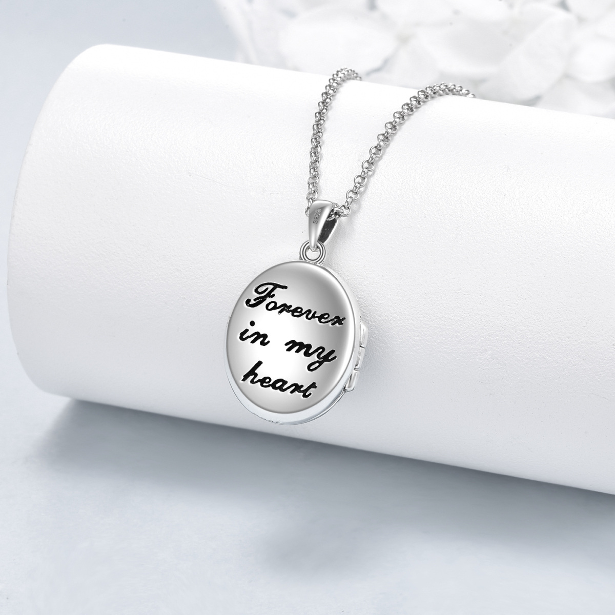 Personalisierte Foto-Medaillon-Halskette aus Sterlingsilber mit ovalem Mondstein und eingraviertem Wort für Unisex-4