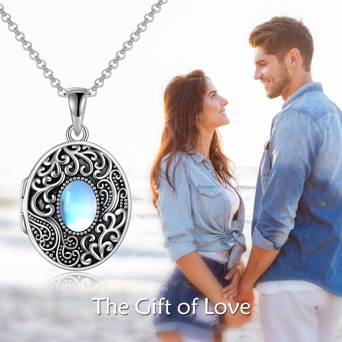 Collana con medaglione fotografico personalizzato ovale in pietra di luna in argento sterling con parola incisa per unisex-6