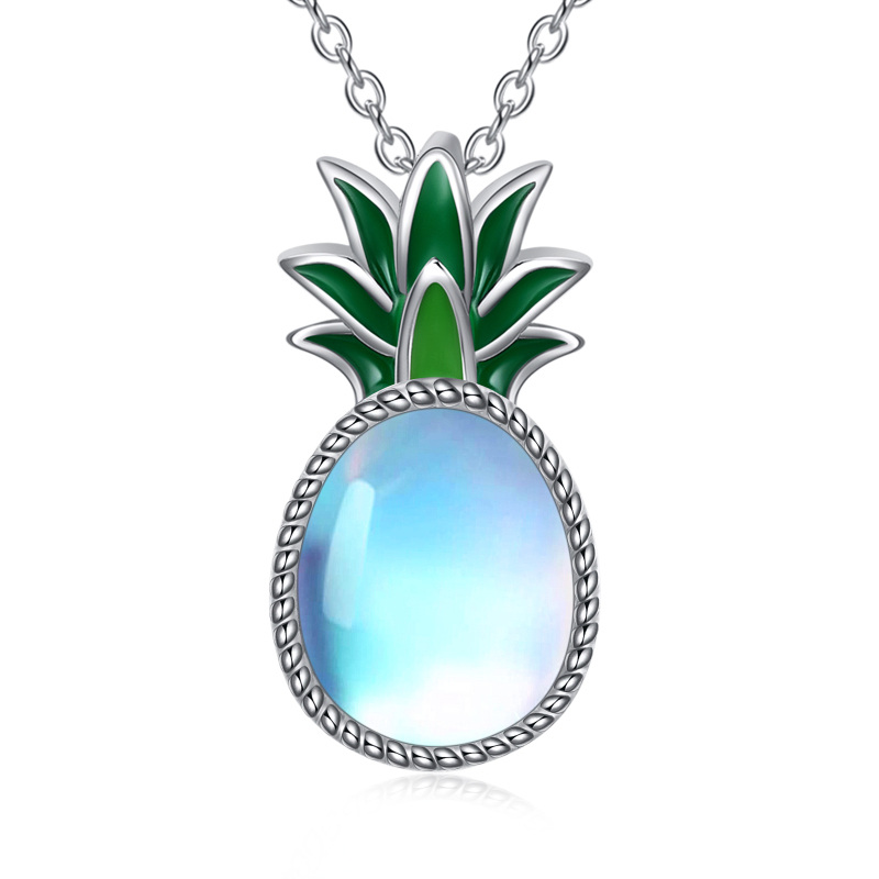 Sterling Silver Oval Moonstone Pineapple Pendant Necklace-18