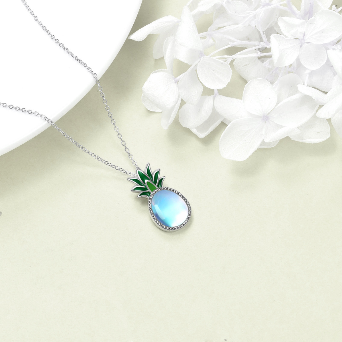 Sterling Silver Oval Moonstone Pineapple Pendant Necklace-4