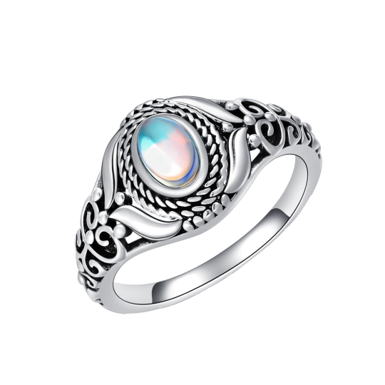 Anello rotondo con pietra di luna ovale in argento sterling