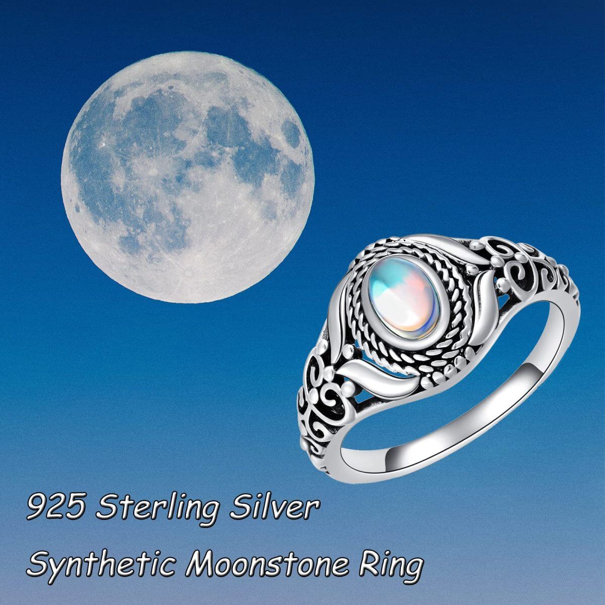 Sterling Silver Oval Moonstone Round Ring-5