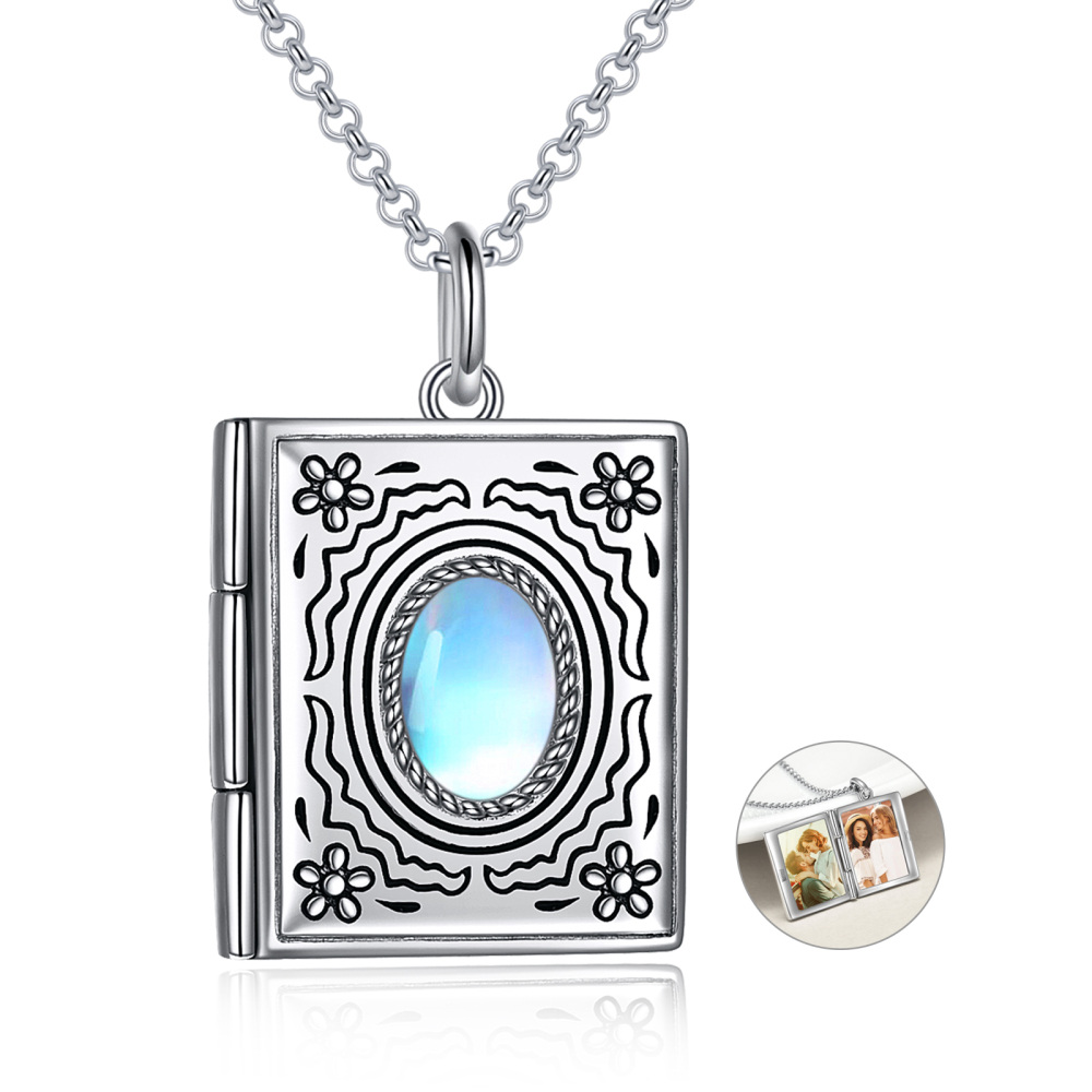 Colar com medalhão fotográfico personalizado em prata esterlina com pedra lunar oval e girassol-1