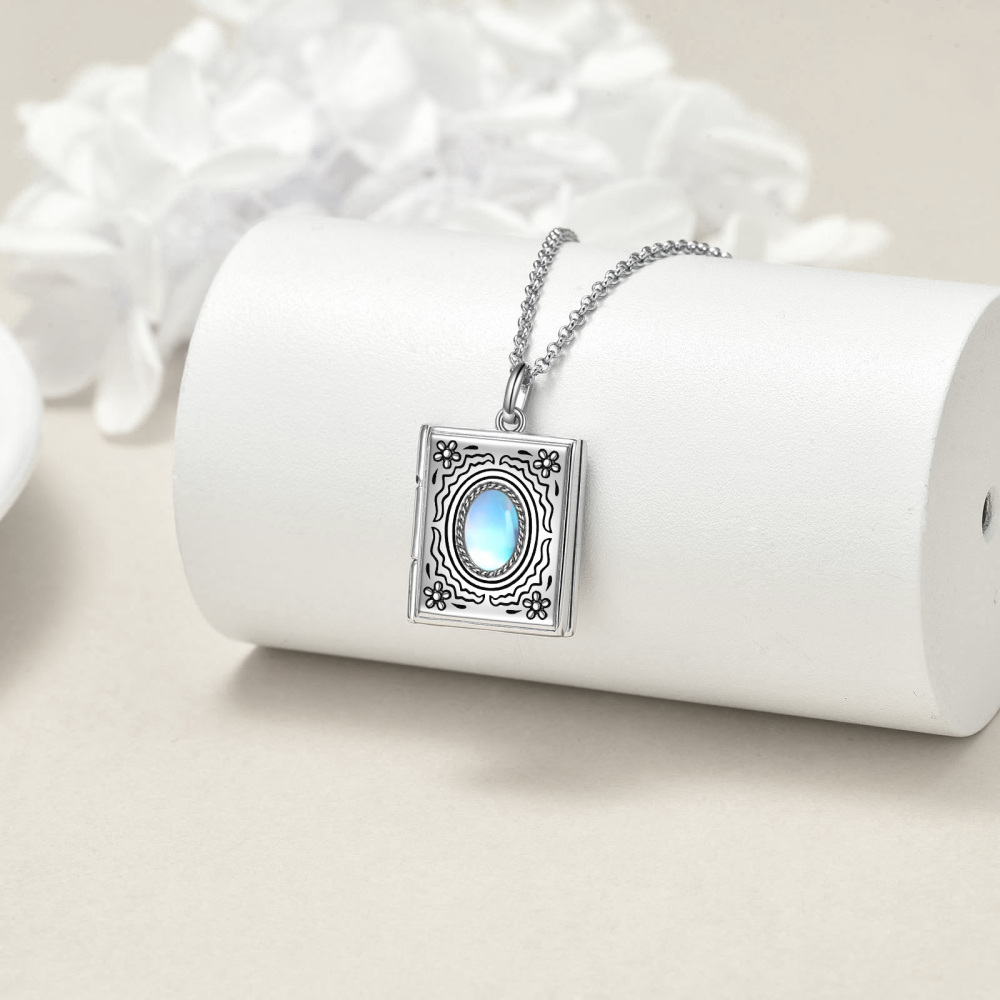 Colar com medalhão fotográfico personalizado em prata esterlina com pedra lunar oval e girassol-3