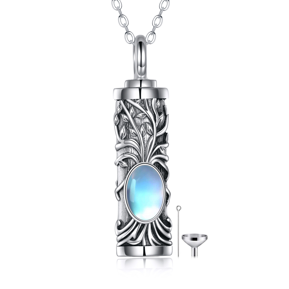 Plata de Ley Oval Moonstone Árbol de la Vida Urna Collar para cenizas-1