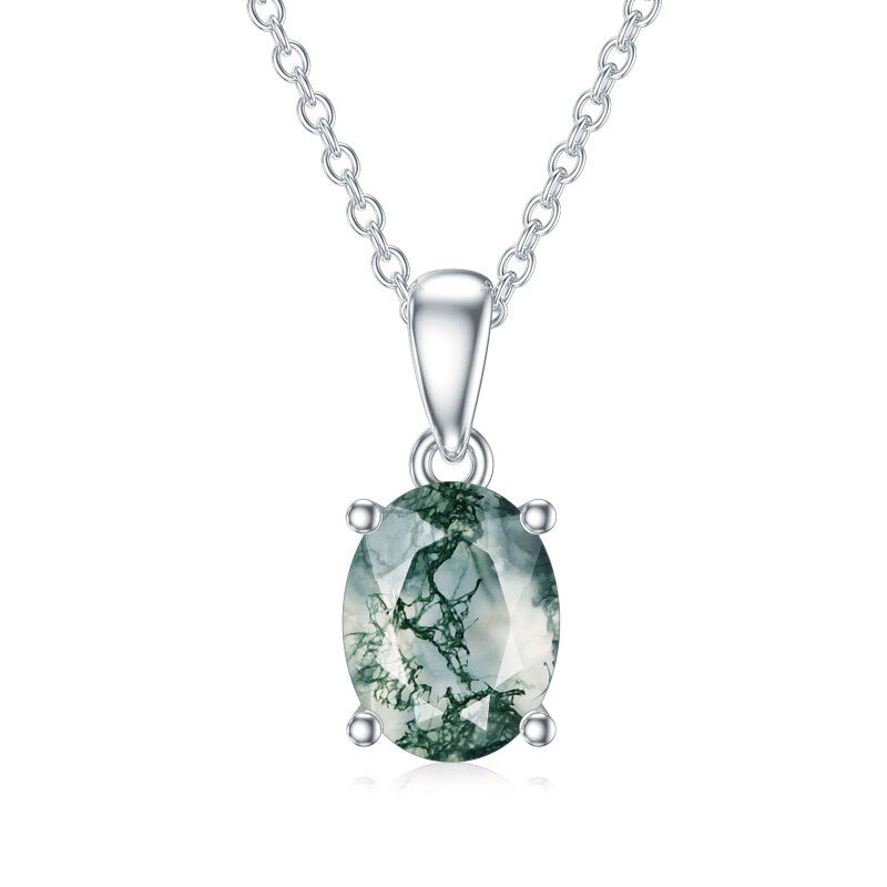 Sterling Silver Oval Moss Agate Pendant Necklace-1