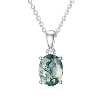 Sterling Silver Oval Moss Agate Pendant Necklace-47