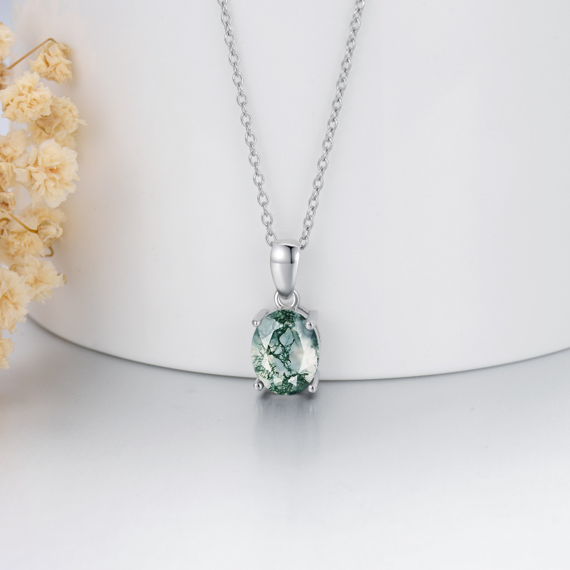 Sterling Silver Oval Moss Agate Pendant Necklace-3