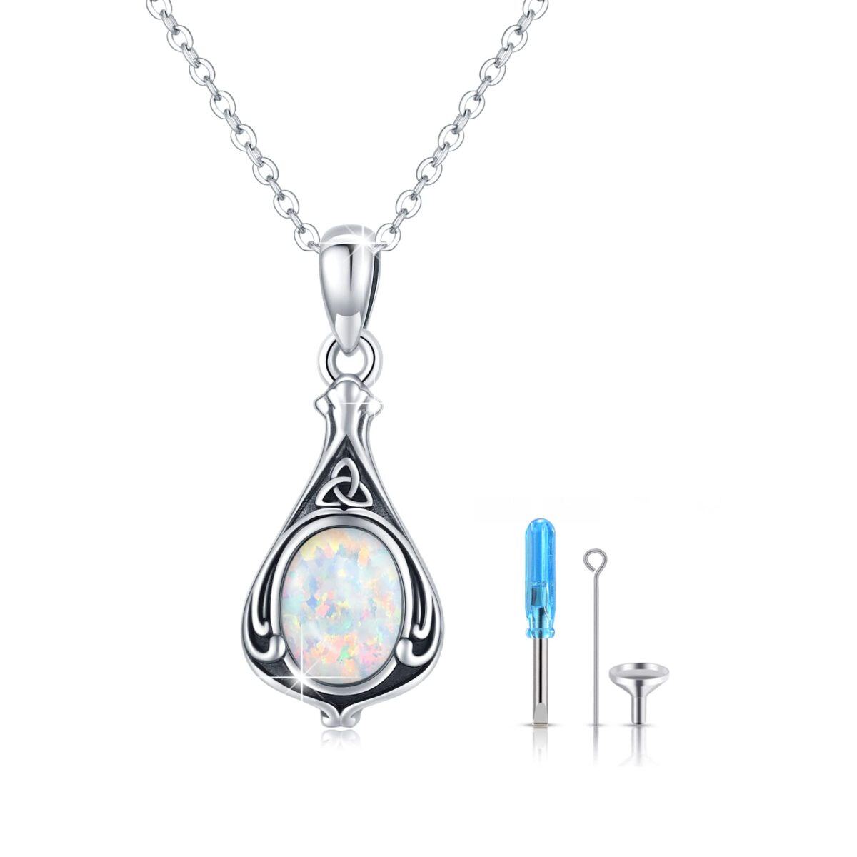 Collier urne funéraire en argent sterling avec opale ovale et nœud celtique en forme de goutte pour cendres-1