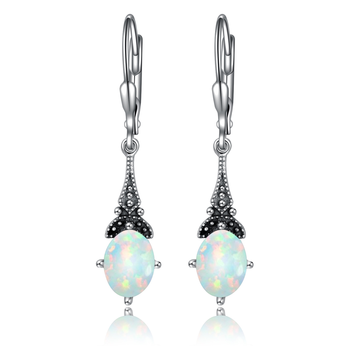 Sterling Silver Oval Opal Drop Shape Lever-back Earrings-1