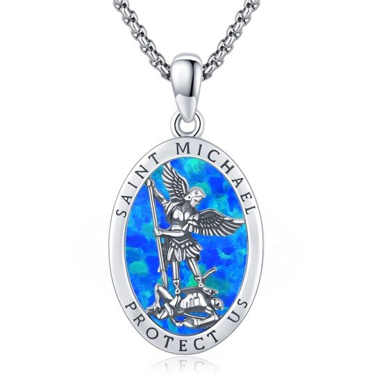 Sterling Silver Oval Opal Saint Michael Pendant Necklace for Men