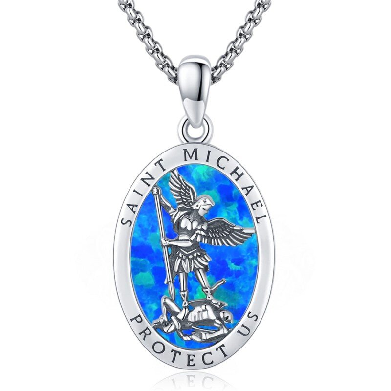 Sterling Silver Oval Opal Saint Michael Pendant Necklace for Men-10