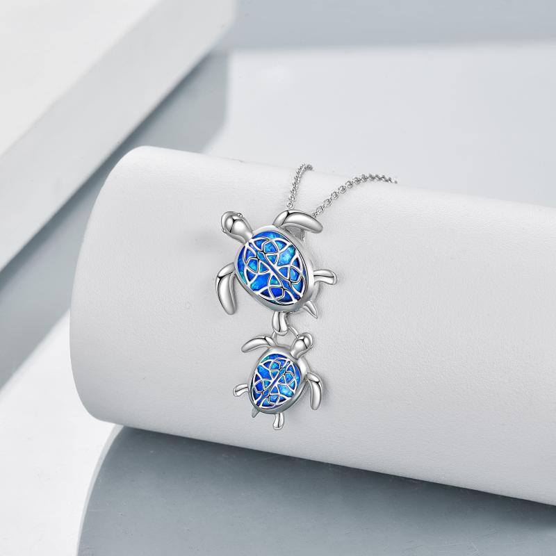 Sterling Silver Oval Opal Sea Turtle Pendant Necklace-3