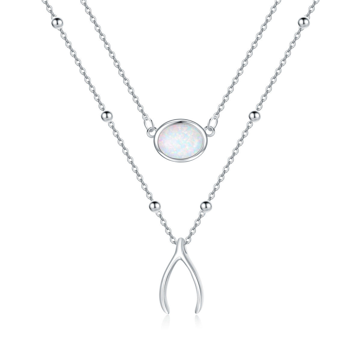 Sterling Silver Oval Opal Wishbone Layered Necklace-1