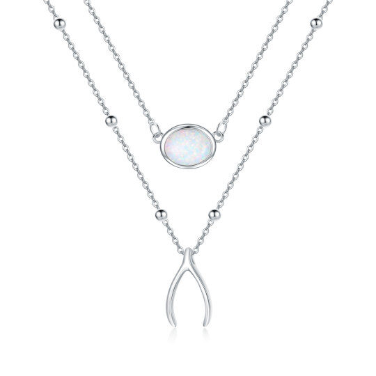 Sterling Silver Oval Opal Wishbone Layered Necklace