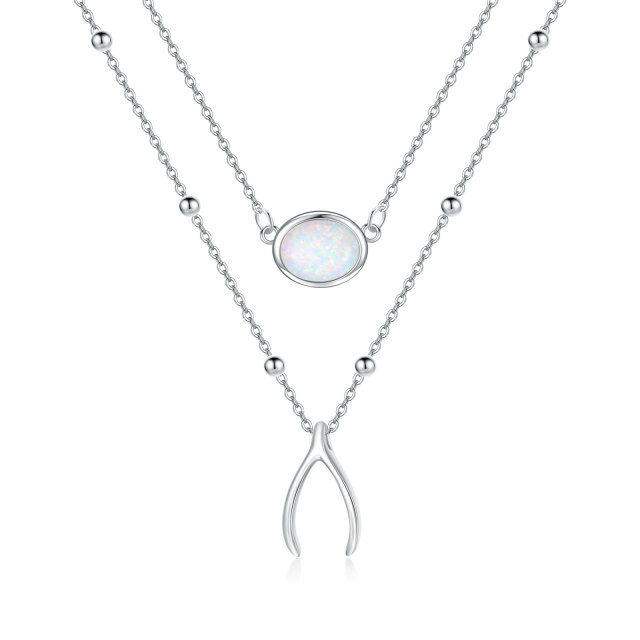 Sterling Silver Oval Opal Wishbone Layered Necklace-1