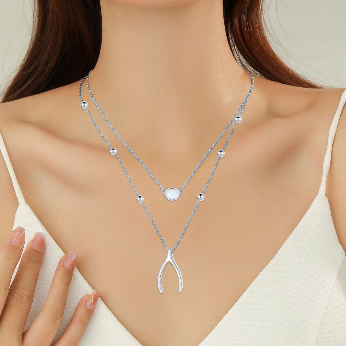 Collana a strati in argento sterling con opale ovale a forma di spina di pesce-2