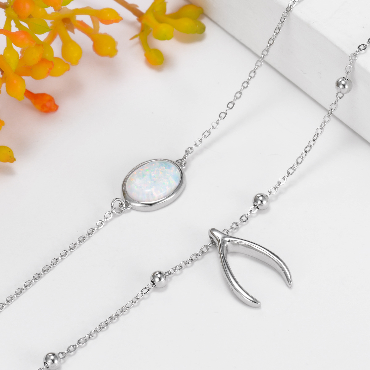 Collana a strati in argento sterling con opale ovale a forma di spina di pesce-3