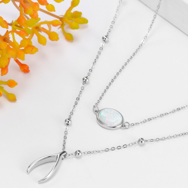 Collana a strati in argento sterling con opale ovale a forma di spina di pesce-4