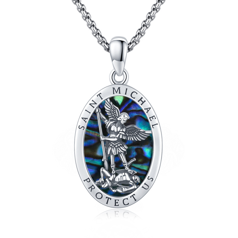 Sterling Silver Oval Shaped Abalone Shellfish Saint Michael Pendant Necklace for Men-20