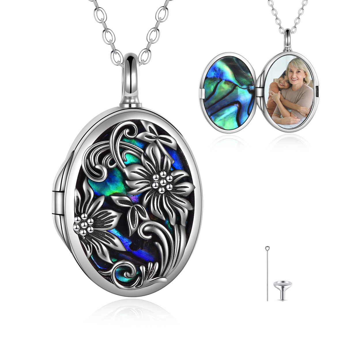 Collana con urna di girasole e crostacei di abalone a forma ovale in argento sterling per ceneri con parola incisa-1