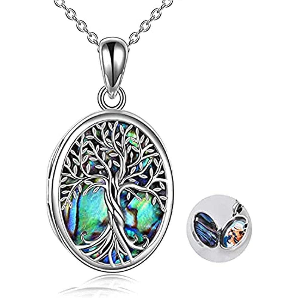 Sterling Silver Oval Shaped Abalone Shellfish Tree Of Life Personalized Photo Locket Necklace-1