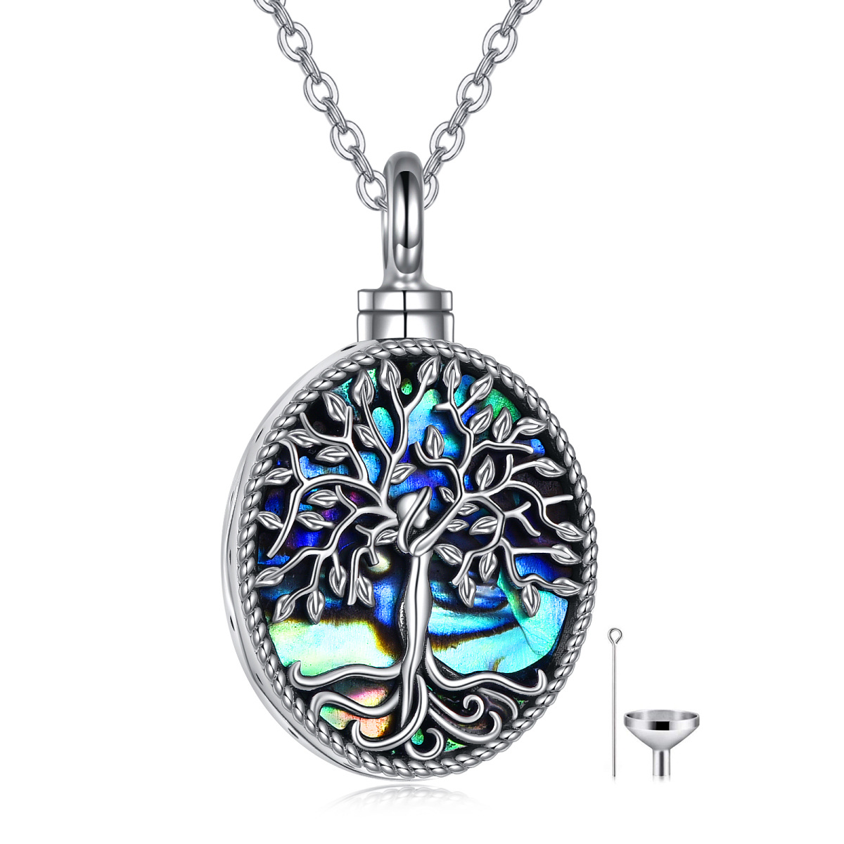 Collier d'urne d'arbre de vie en forme d'ormeau et de coquillages en argent sterling de forme ovale pour cendres avec mot gravé-1