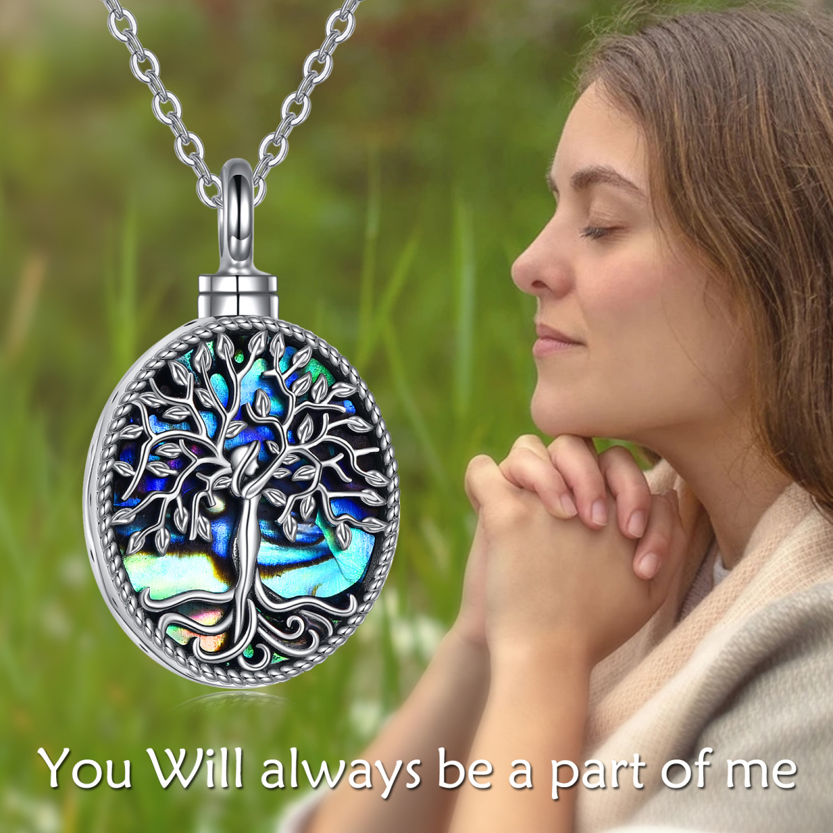 Sterling Silver Oval Shaped Abalone Shellfish Tree Of Life Urn Necklace for Ashes with Engraved Word-3