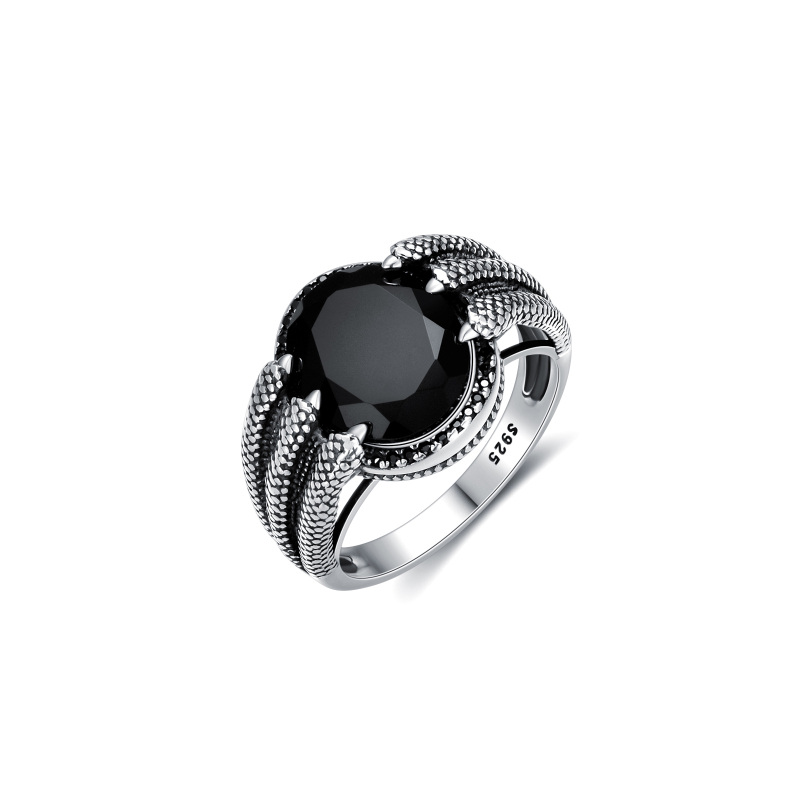 Anello da uomo con drago in agata a forma ovale in argento sterling