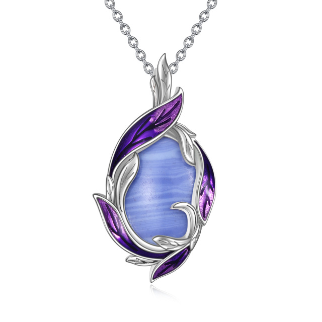 Sterling Silver Oval Shaped Agate Feather Pendant Necklace-1