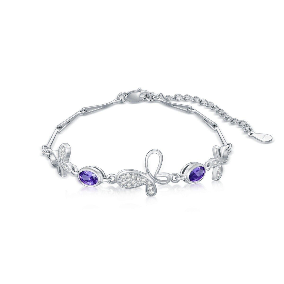 Pulsera colgante de plata de ley con forma ovalada de circonita cúbica y mariposa-1