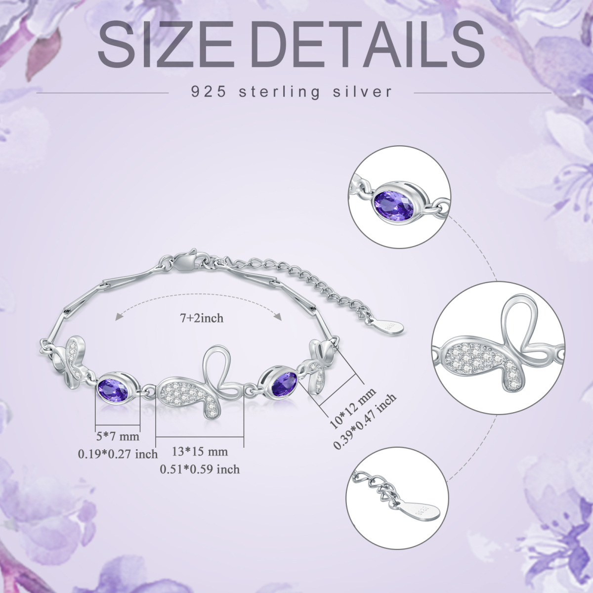 Pulsera colgante de plata de ley con forma ovalada de circonita cúbica y mariposa-5