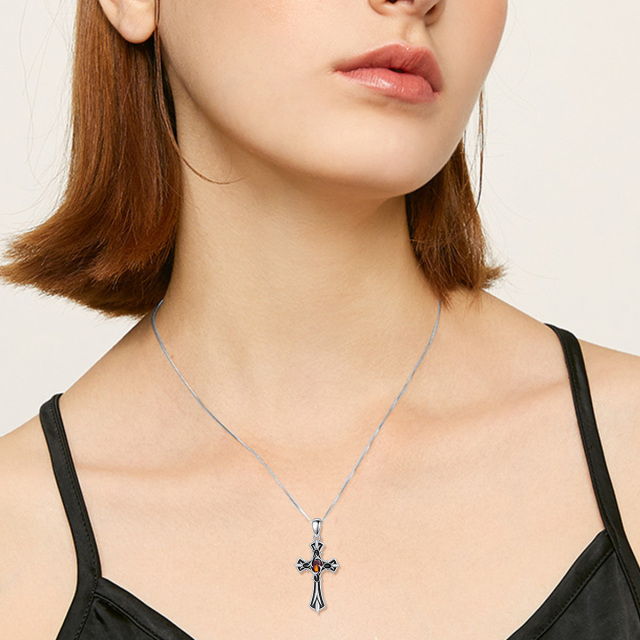 Sterling Silver Oval Shaped Cubic Zirconia Cross Pendant Necklace-2