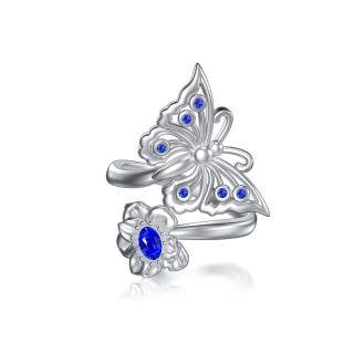 Sterling Silver Oval Shaped Crystal Butterfly Open Ring-40