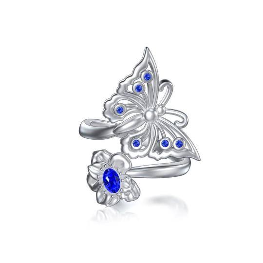 Sterling Silver Oval Shaped Crystal Butterfly Open Ring