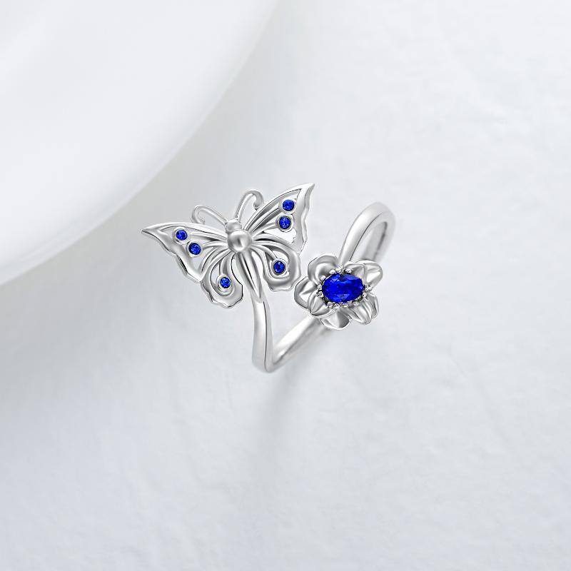 Sterling Silver Oval Shaped Crystal Butterfly Open Ring-3