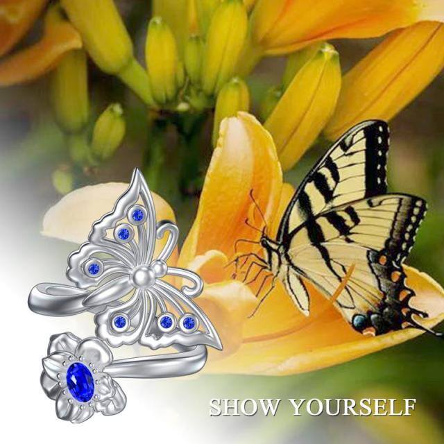 Sterling Silver Oval Shaped Crystal Butterfly Open Ring-6