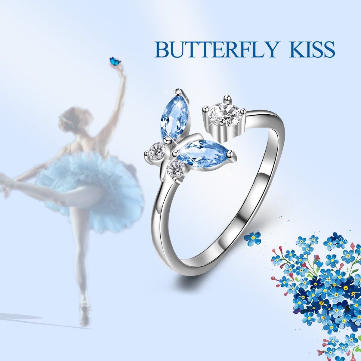 Sterling Silver Oval Shaped Crystal Butterfly Ring-4