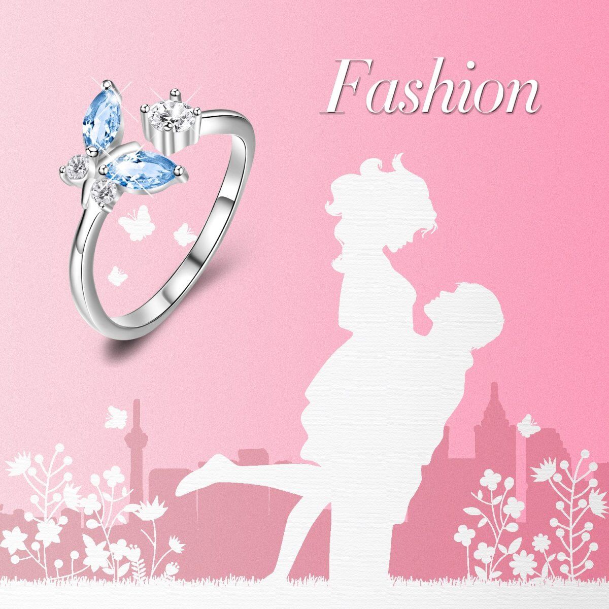 Bague papillon en argent sterling avec cristal de forme ovale-5