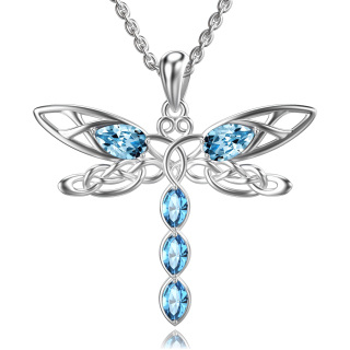 Sterling Silver Oval Shaped Crystal Dragonfly & Celtic Knot Pendant Necklace-4