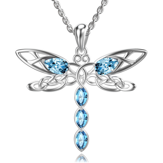 Sterling Silver Oval Shaped Crystal Dragonfly & Celtic Knot Pendant Necklace