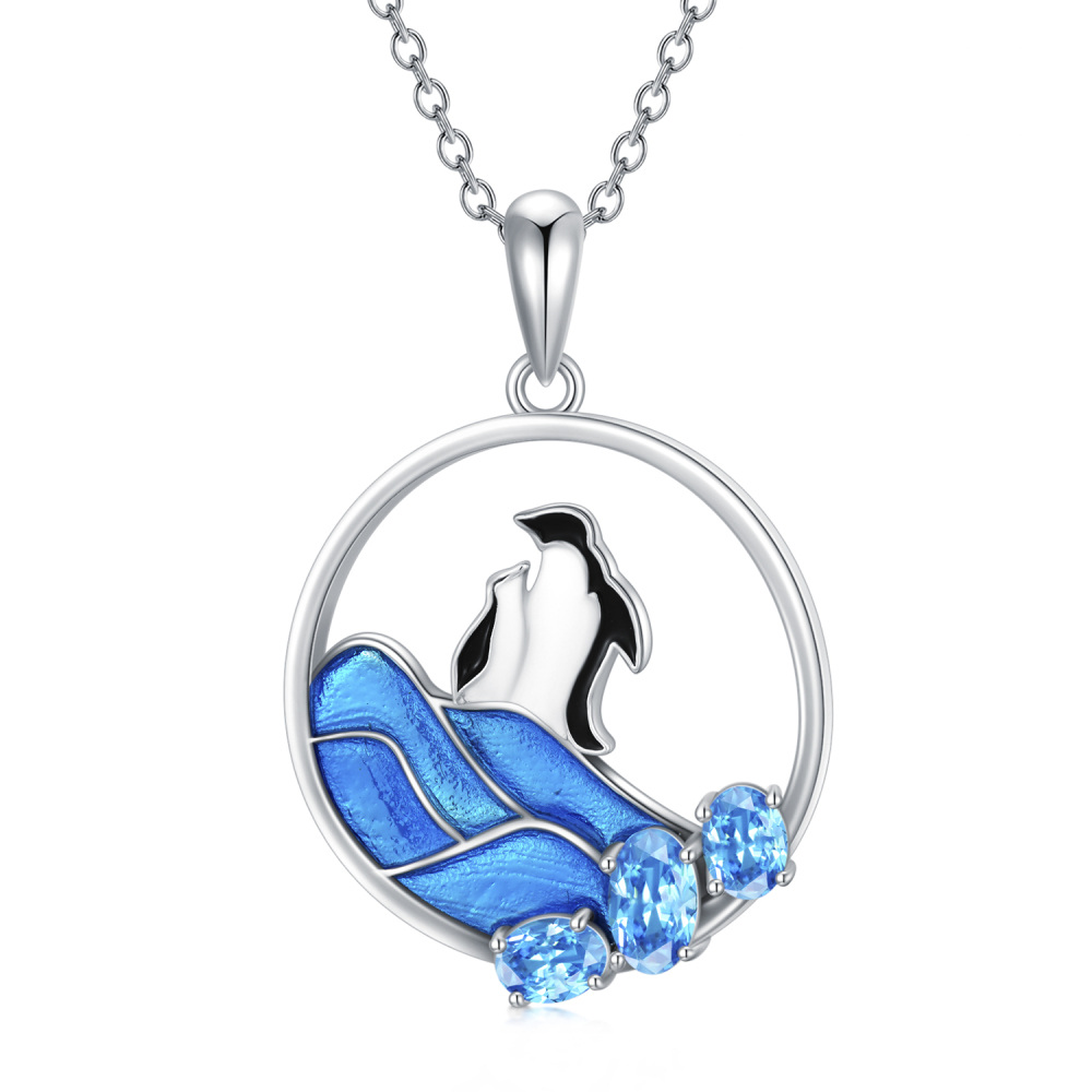 Colar de prata esterlina com pingente de pinguim de cristal em forma oval-1