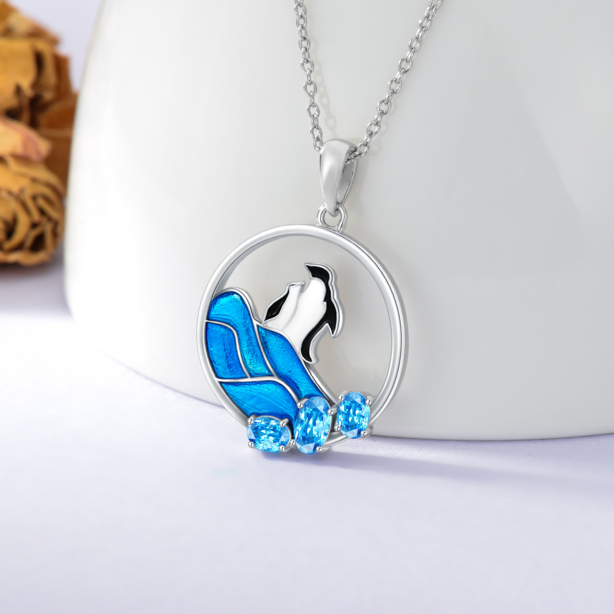 Sterling Silver Oval Shaped Crystal Penguin Pendant Necklace-4