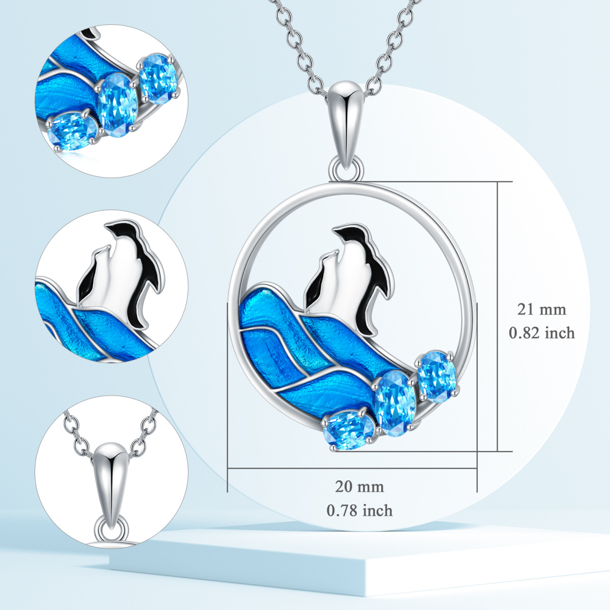 Sterling Silver Oval Shaped Crystal Penguin Pendant Necklace-5