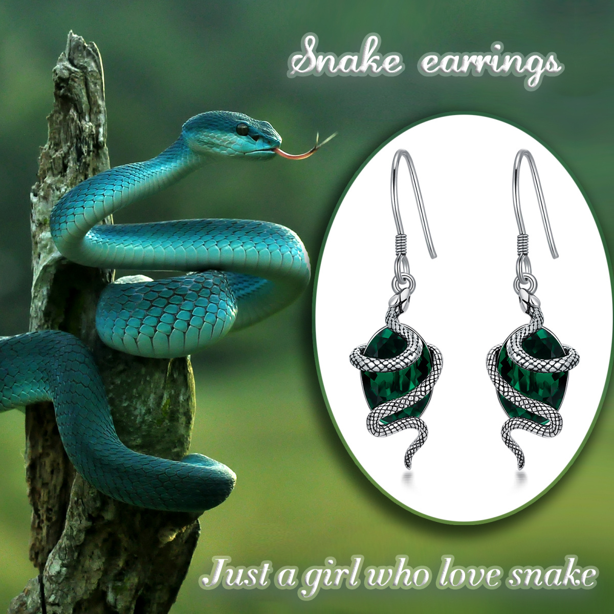 Sterling Silver Oval Shaped Crystal Snake Drop Earrings-6