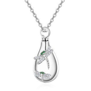 Sterling Silver Oval Shaped Cubic Zirconia Dragonfly Urn Necklace for Ashes-11