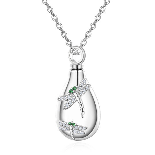 Sterling Silver Oval Shaped Cubic Zirconia Dragonfly Urn Necklace for Ashes