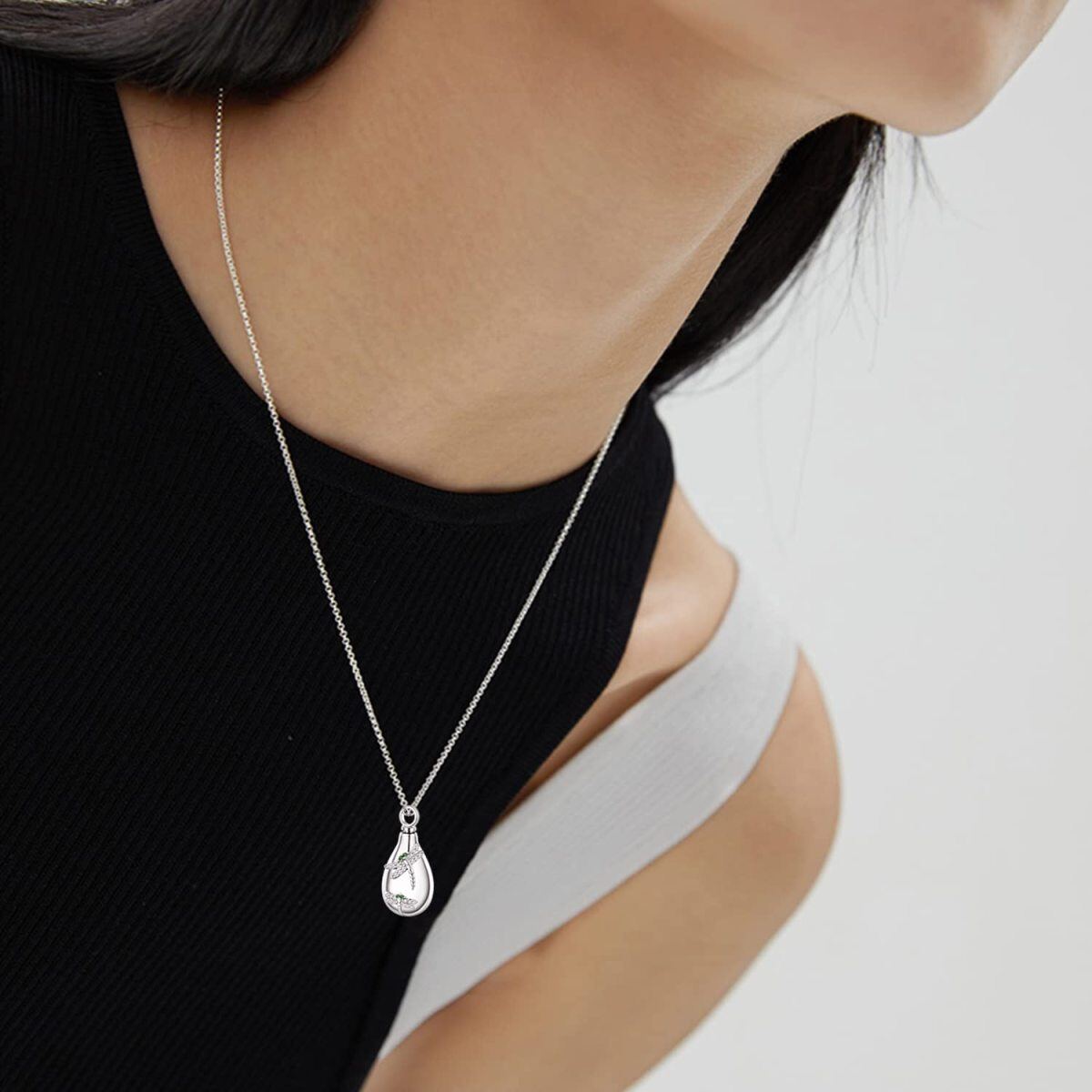 Collier Urne libellule en argent sterling avec zircon cubique ovale-2