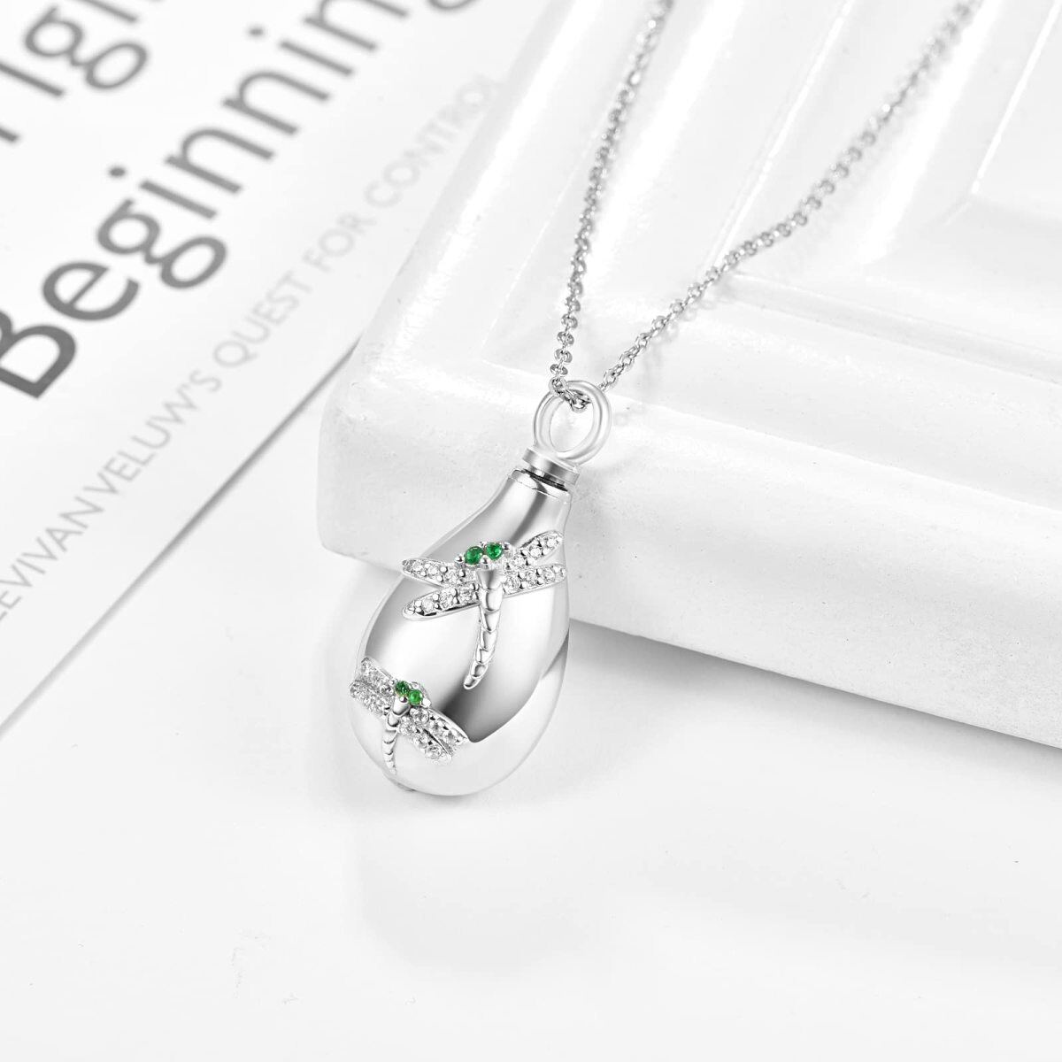 Collana d'argento ovale con cubo di zirconio per urne di libellula per le ceneri-4